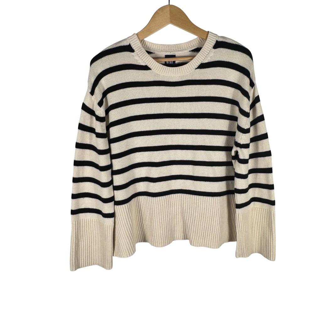 Gap Striped Cotton Crewneck Sweater Womens S Cream Black Relaxed Fit